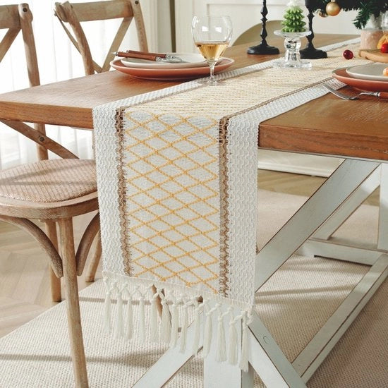 Tavolo di lino di cotone con disegno a griglia - 30x275cm - tavolo da pranzo bohemiano neutro - decorazione di campagna intrecciata - ideale per la decorazione del tavolo, matrimoni, feste e decorazione del capotavola