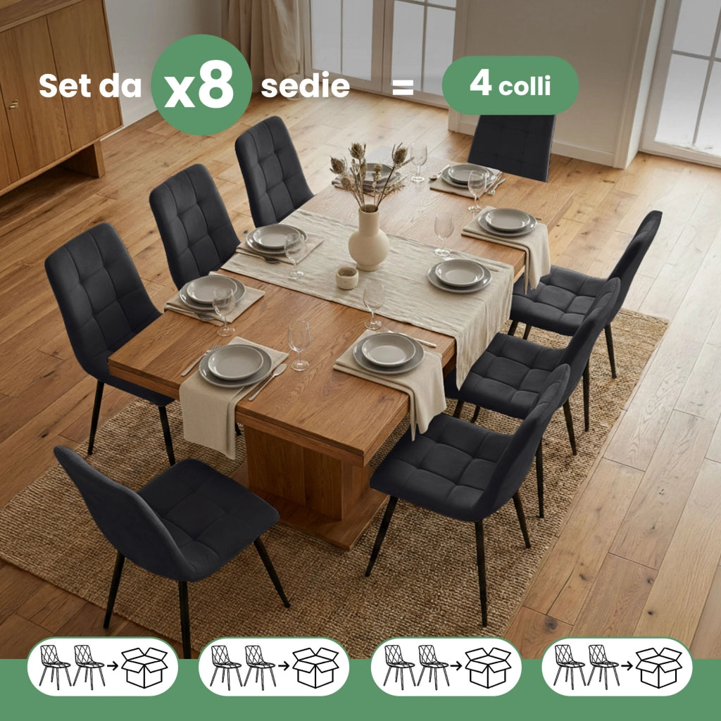 Set di 8 Sedie in velluto trapuntate NERO Nero gambe nere
