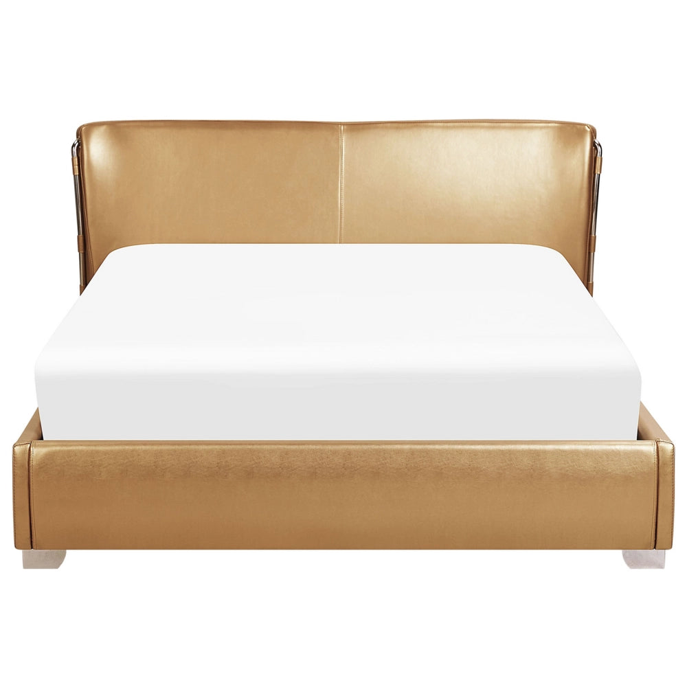 Letto Vera Pelle Color dorato Testiera Curva Rete a Doghe 160 x 200 cm design moderno