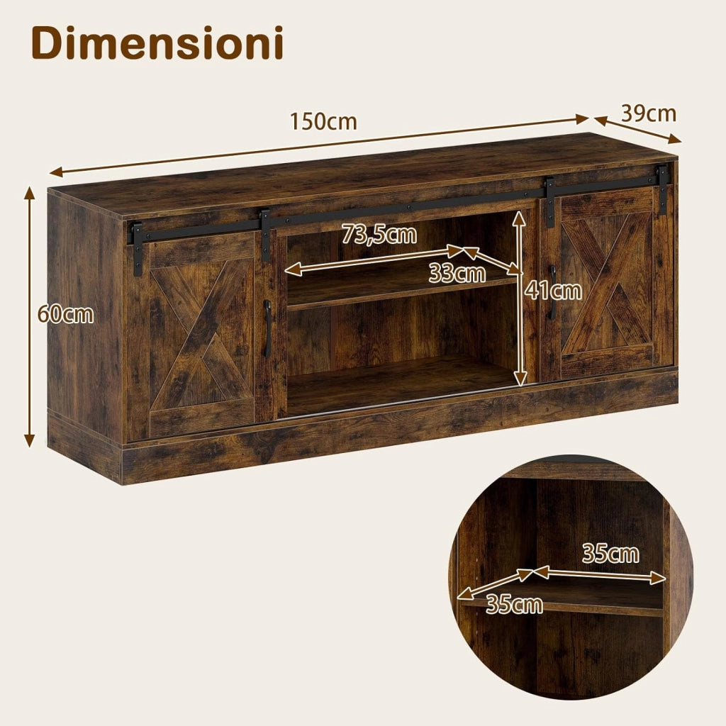 Mobile TV Soggiorno fino a 70'', Tavolino Porta TV con Porte Scorrevoli, Ripiani Regolabili, Consolle Media 150 cm per Soggiorno, Camera da Letto e Ingresso