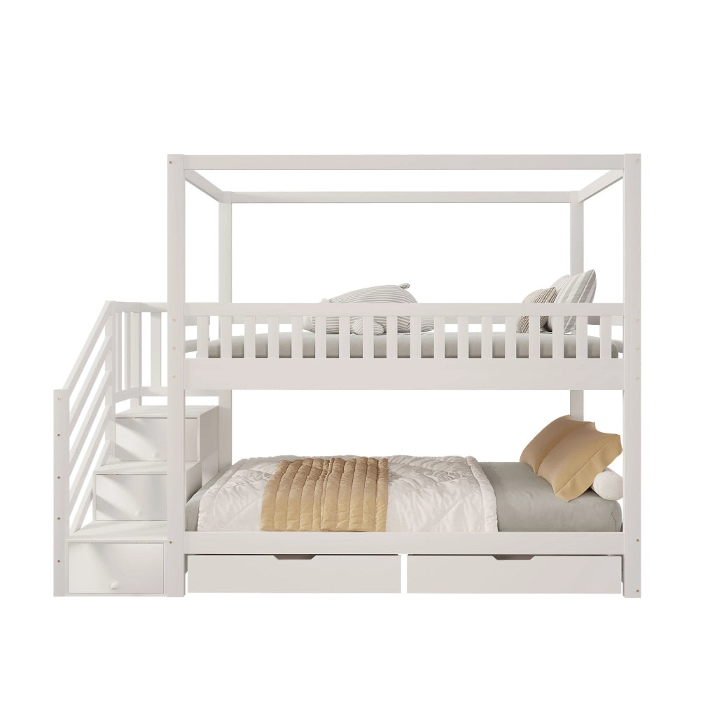 OKWISH Letto a castello 90×200 cm, Letto 2 Posti con Spondine di Sicurezza, Scala con Cassetti e 2 Cassetti, senza Materasso, Bianco