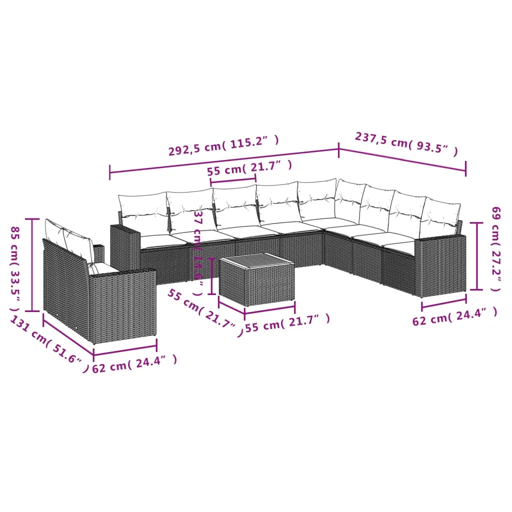 Set Divani da Giardino 11 pz con Cuscini in Polyrattan Grigio 3224198