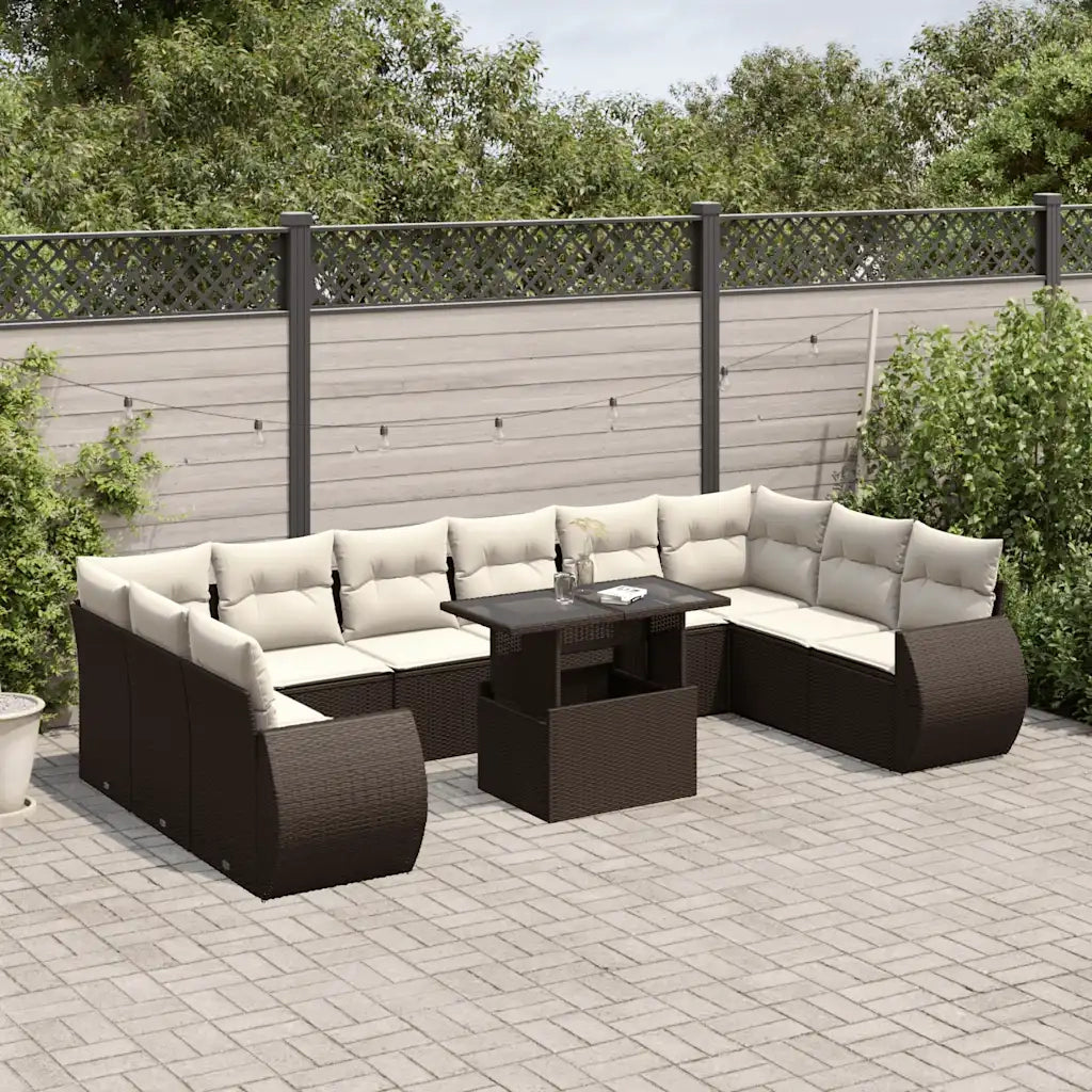 Set Divani da Giardino 11 pz con Cuscini Polyrattan Marrone