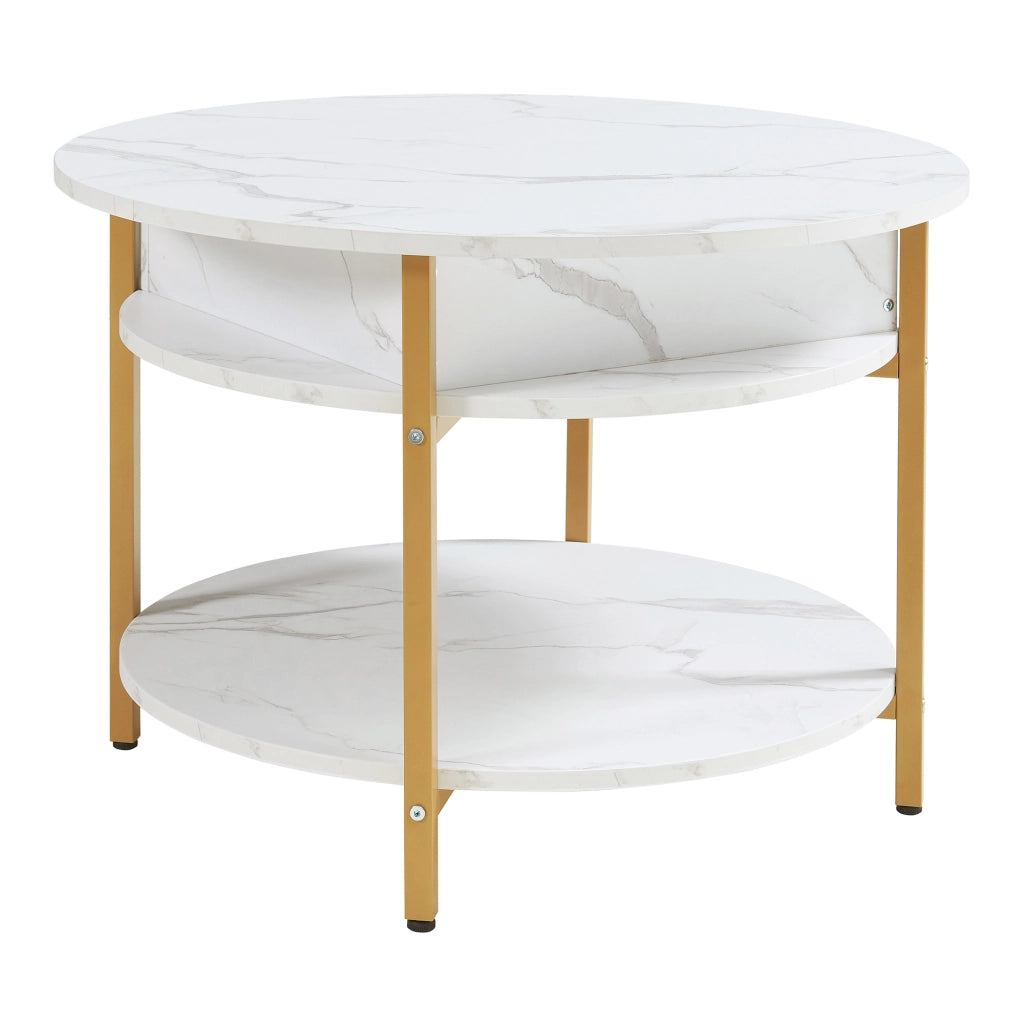 Tavolino da Caffè Kandas con Piano Rotondo Sollevabile (ØxA): 70x49 cm - Effetto Marmo Bianco [en.casa]