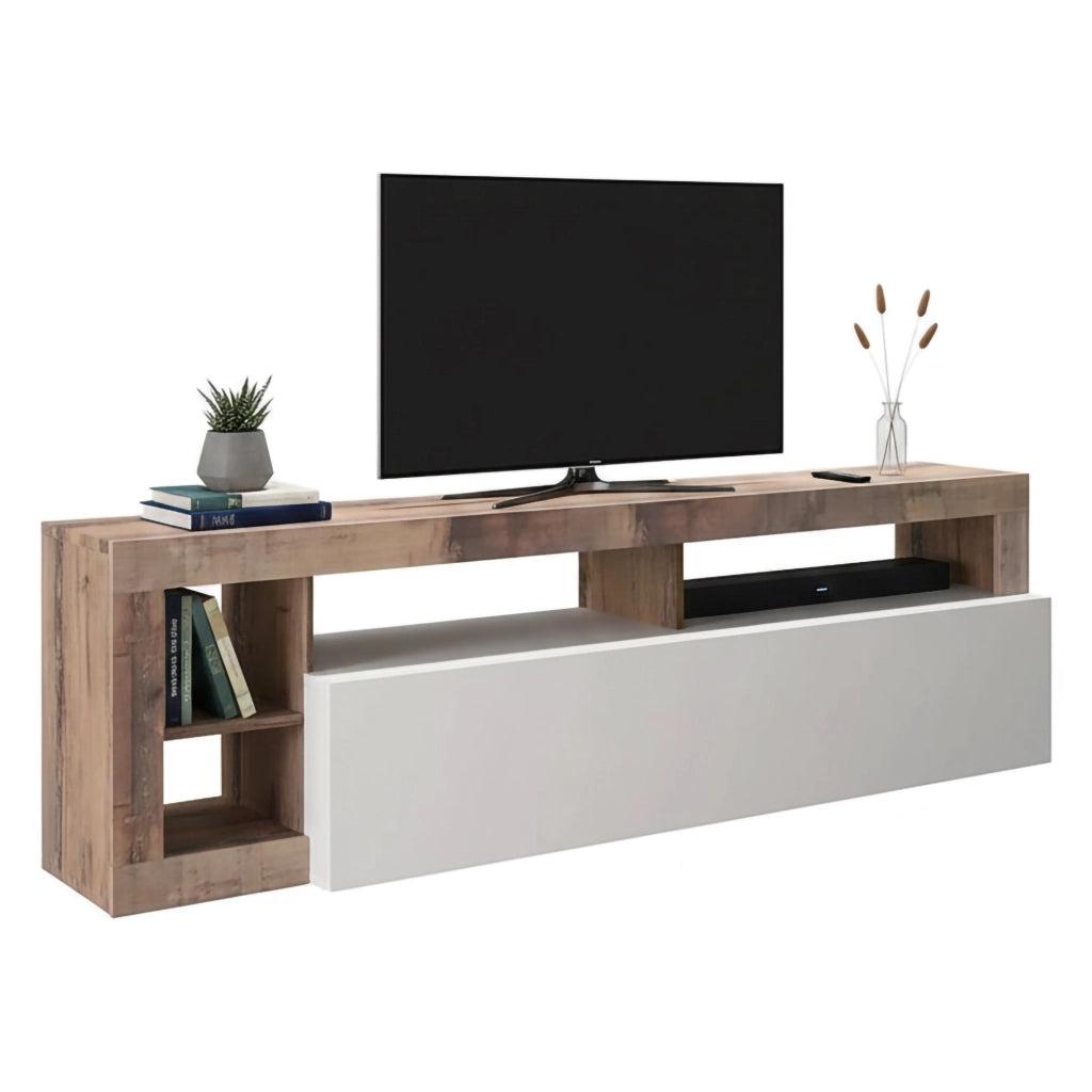 Mobile porta TV 0, Credenza moderna a ripiani, Mobile da soggiorno con rimbalta e vani a giorno, Made in Italy, Cm 184x58h42, Bianco e Pero