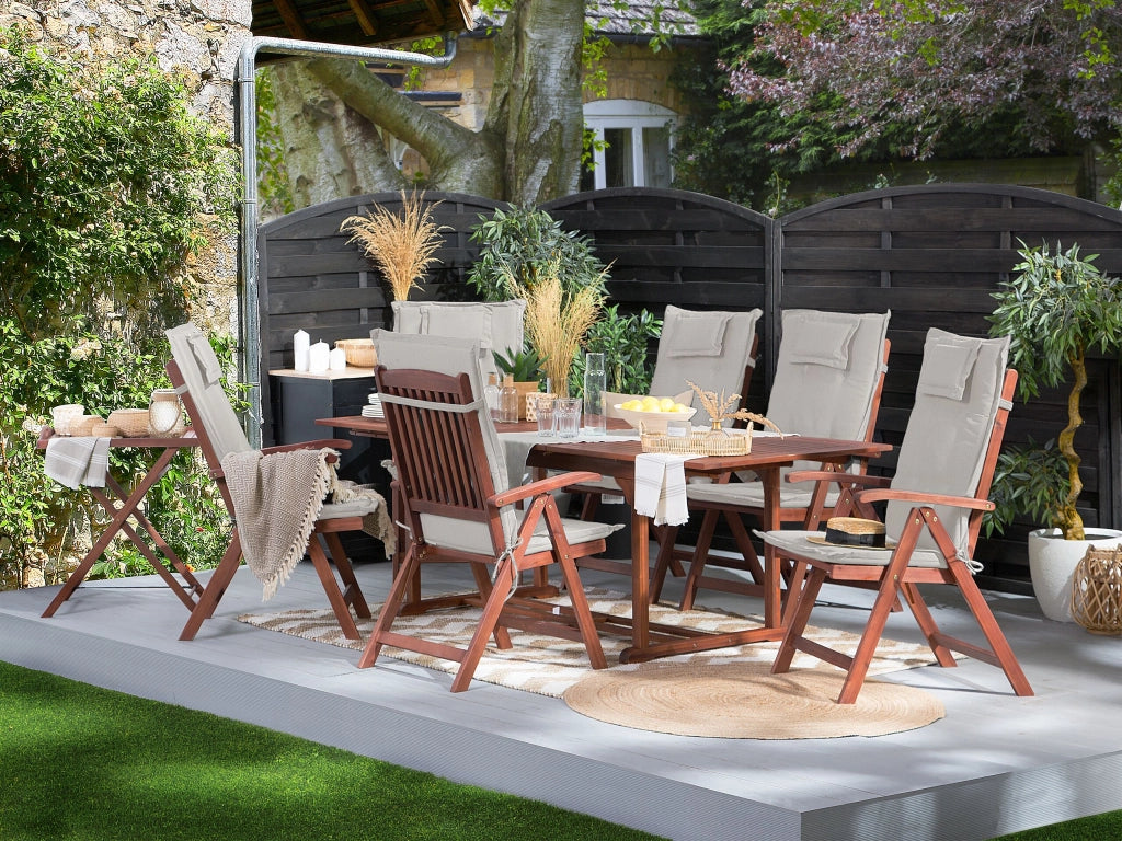 Set da pranzo da giardino Tavolo allungabile legno acacia chiaro 6 sedie cuscini talpa Schienale regolabile pieghevole in stile rustico
