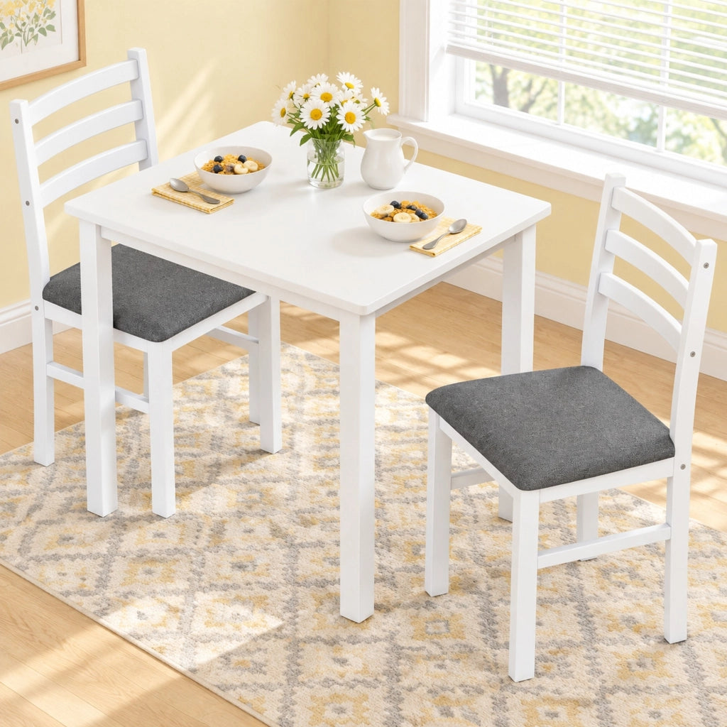 Set da pranzo 3 pezzi con tavolo in MDF bianco e 2 sedie imbottite per spazi compatti