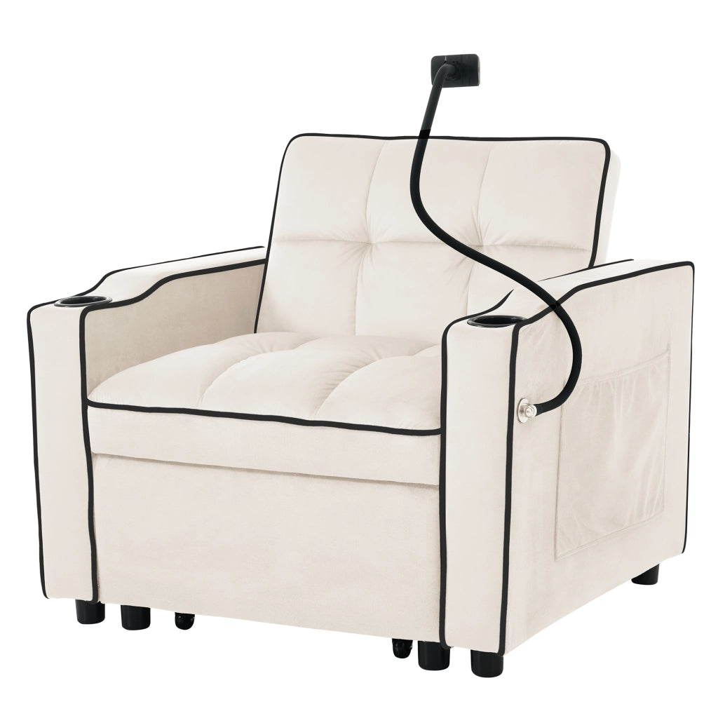 Poltrona letto 3 in 1 con Schienale Regolabile, Portabicchieri, Supporto per Telefono, Schiuma Beige 83 × 167 × 76 cm