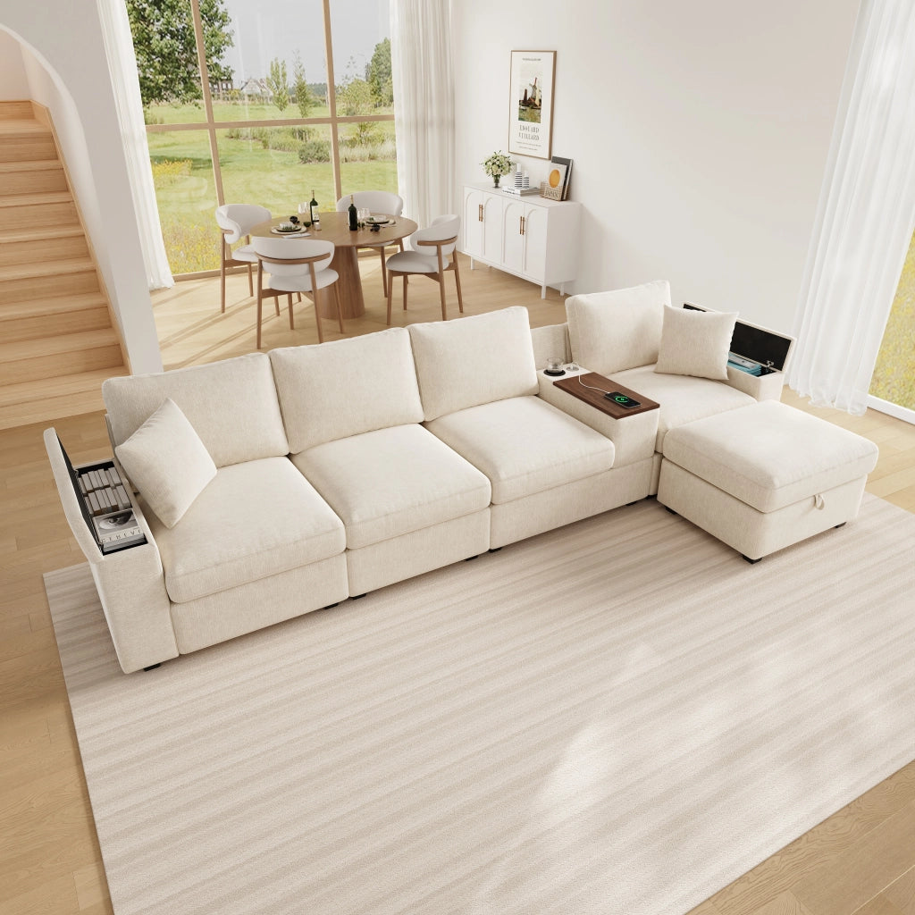 Divano modulare angolare in ciniglia con USB tipo C portabicchieri e contenitore beige