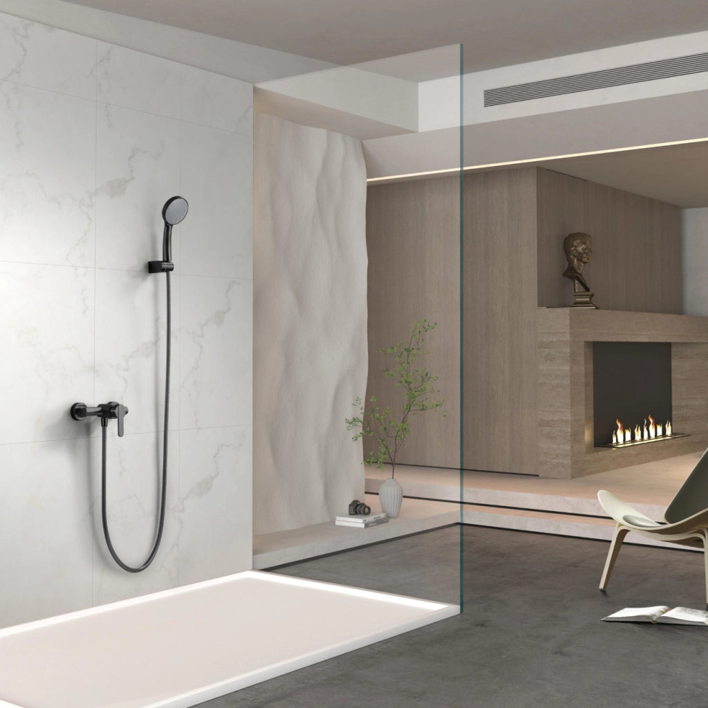 IMEX Set doccia Roma nero opaco in ottone e zama con tubo flessibile metallo 180 cm supporto doccetta in ABS maniglia rotonda cartuccia ceramica Ø35 mm - Modello Imex-BDR001-5NG