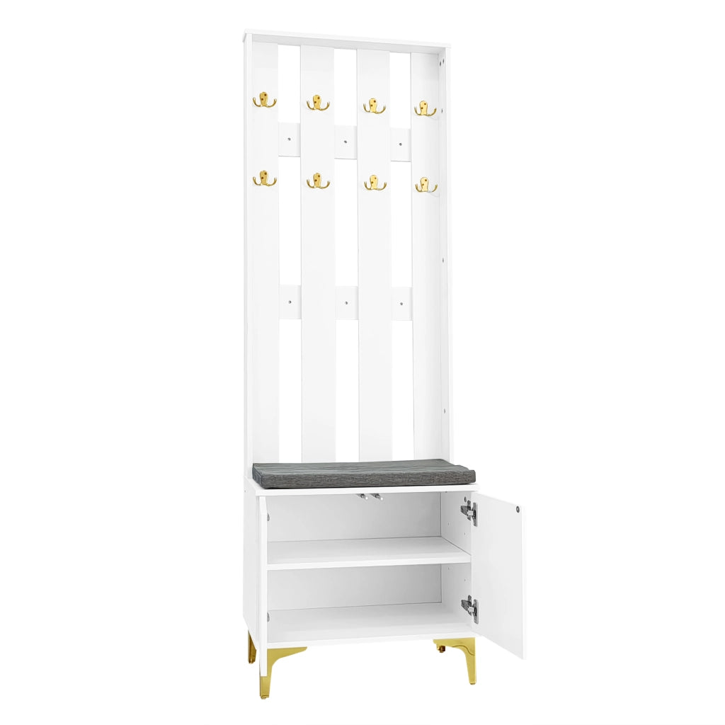 Mobile Ingresso con Panca Scarpiera 2 Ante; Push-to-Open; Ripiani Regolabili; Bianco; in Pannello truciolare; 60;5×35;2×180;5 cm