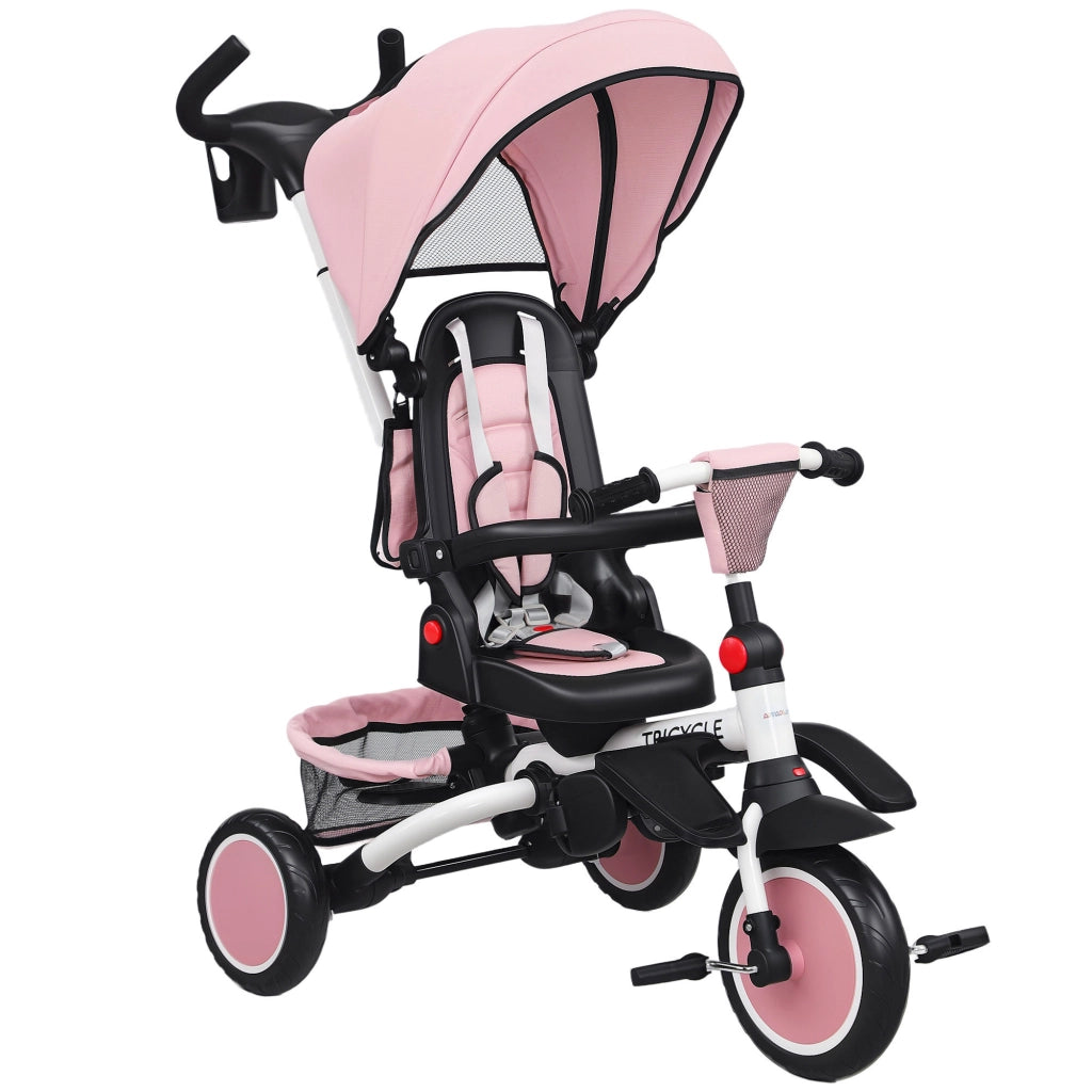 Triciclo per Bambini 6 in 1 con Maniglione di Spinta e Sedile Girevole 111,5x52x98 cm Rosa