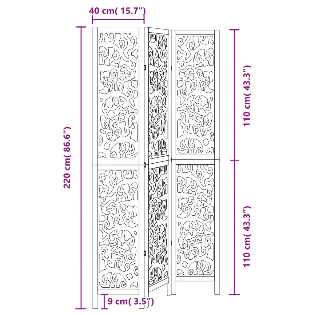 Divisorio Ambienti | Divider per stanze | Paravento 3 Pannelli Nero Legno Massello di Paulownia