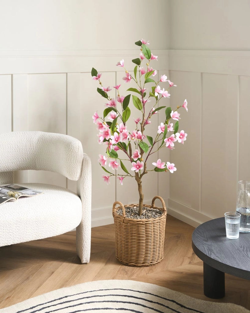 Magnolia artificiale in vaso in materiale sintetico verde e rosa Accessorio decorativo per interni