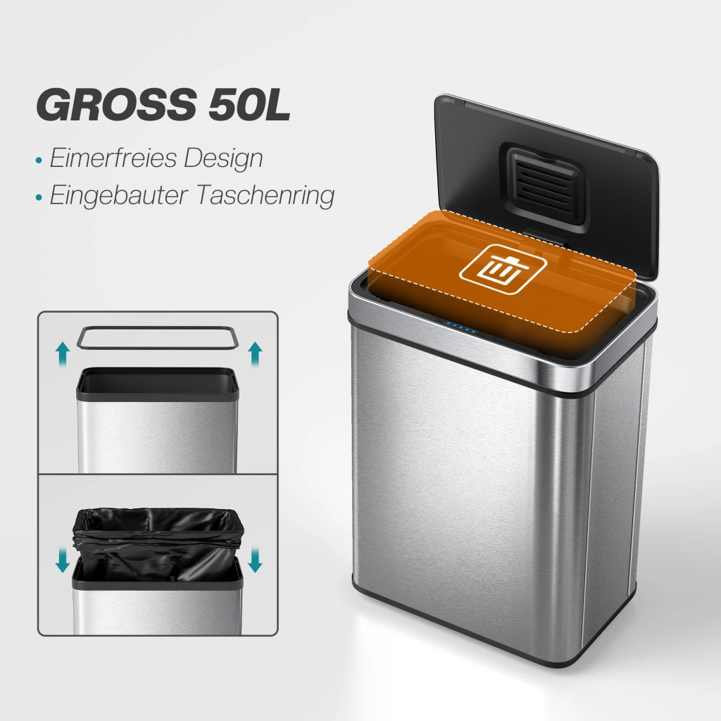 Cestino Sensore 50 L, Coperchio Automatico ¨C zephmum ¨C Acciaio Inossidabile, Argento