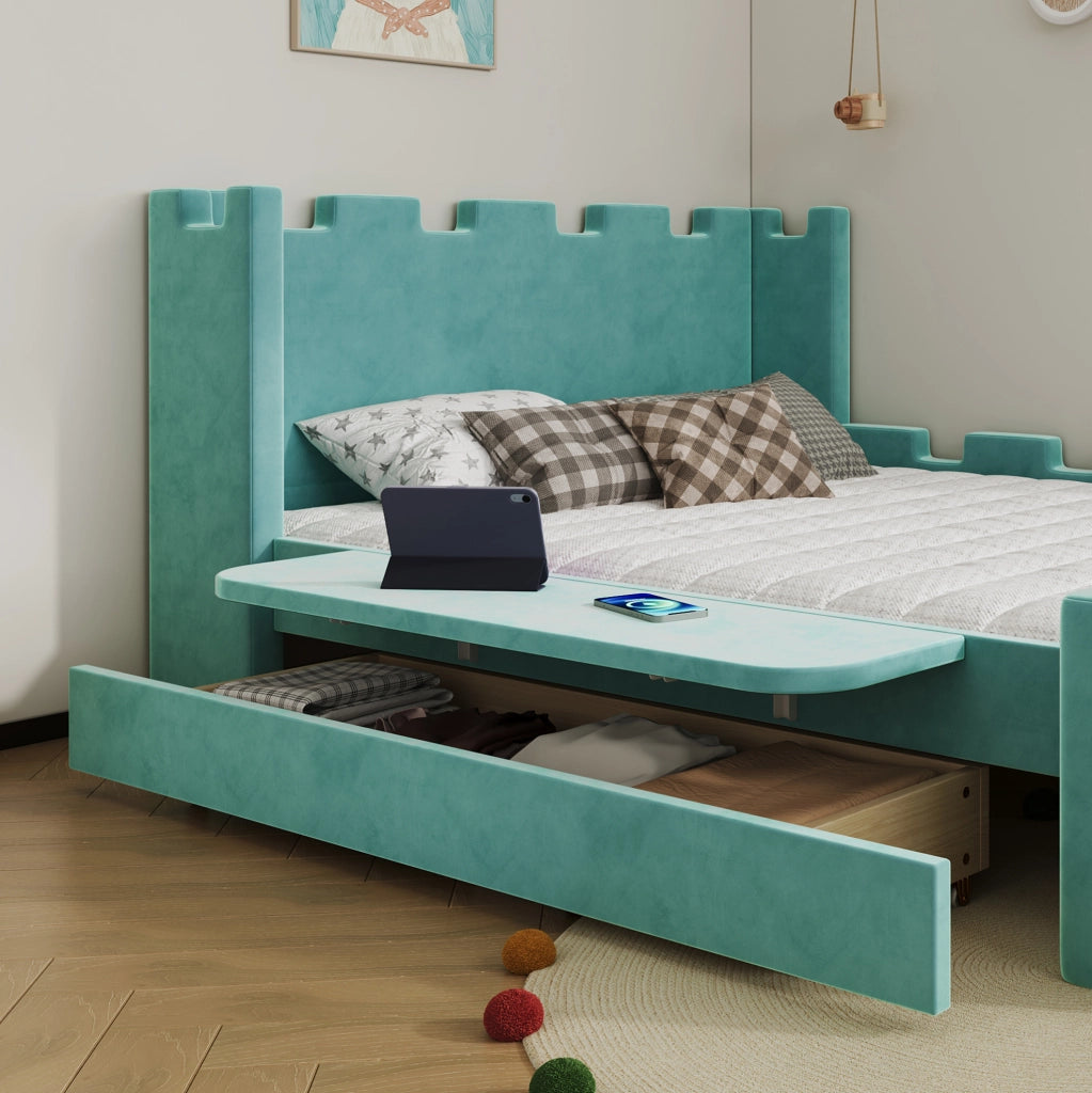 Letto imbottito per bambini 140x200 cm con cassetto contenitore e ripiano pieghevole