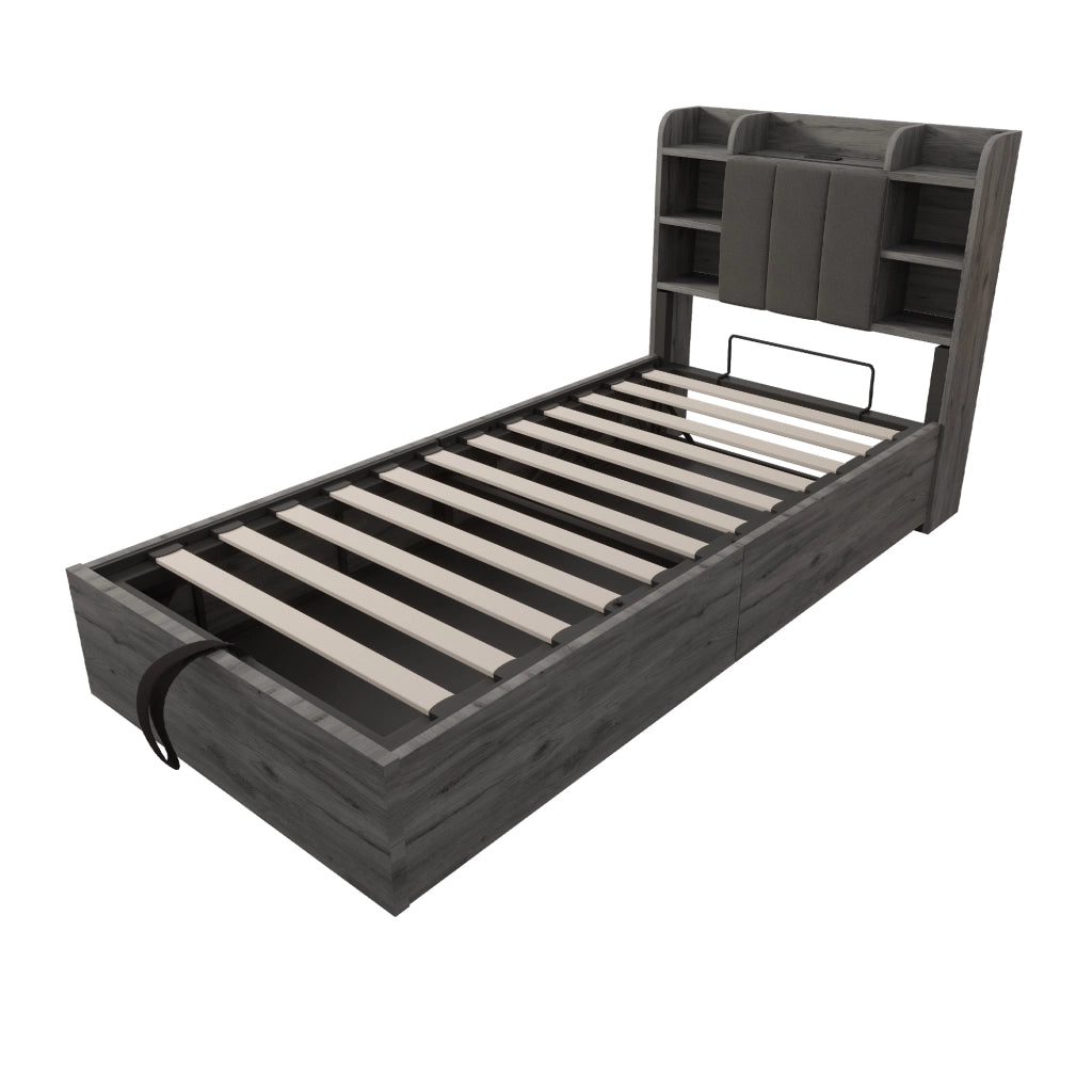 Letto singolo 90×200 cm con contenitore idraulico; USB e Type-C; testiera con ripiani; senza materasso; MDF grigio