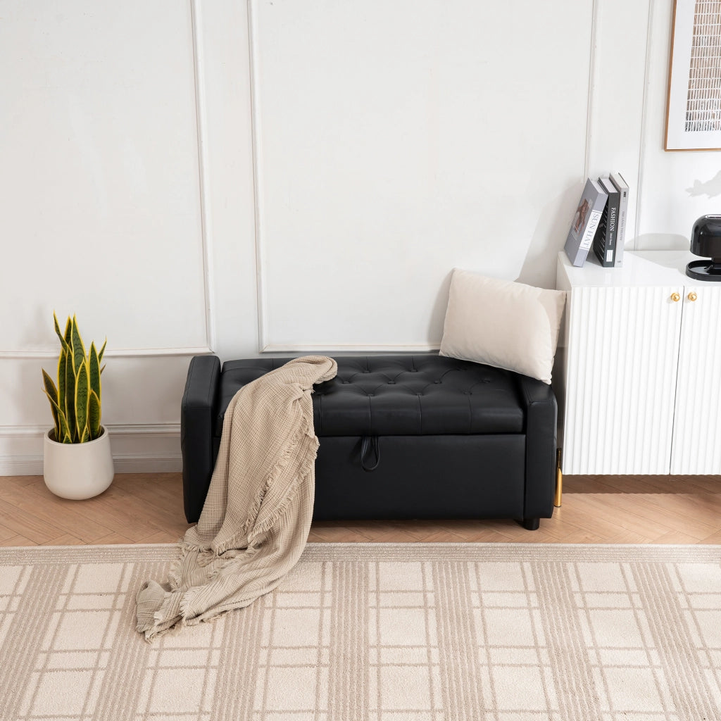Panca contenitore rettangolare imbottita con vano portaoggetti per camera e ingresso in similpelle nera 122×45×47 cm