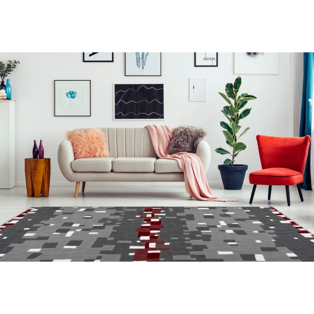 Tappeto moderno Vancouver a pelo corto rosso e grigio