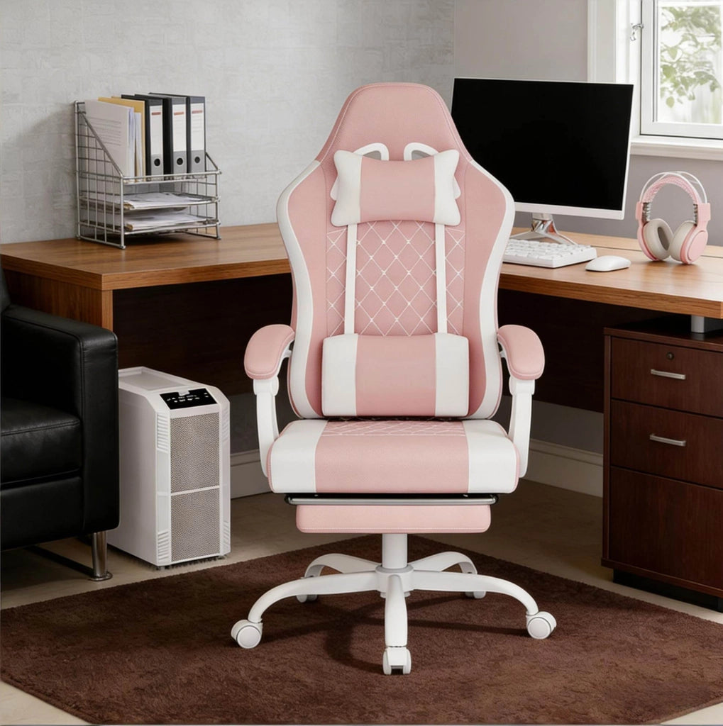 Sedia da ufficio ergonomica rosa e bianca con massaggio