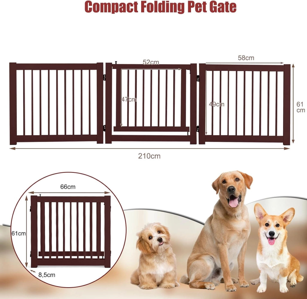 Cancelletto per Cani Pieghevoli 210 x 61 cm, Barriera per Cani in Legno a 3 Pannelli con Porta a Serratura, Recinzione per Scale, Ingressi e Corridoi (Marrone)