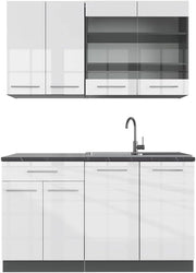Cucina completa Fame-Line, Bianco lucido/antracite, 140 cm senza piano di lavoro, adatto per la combinazione individuale con altri moduli