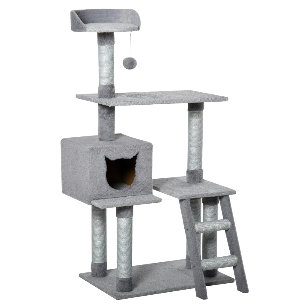 EasyComfort Tiragraffi Palestra per Gatti Multilivello con Casetta Scala Piattaforme, Pali in Corda di Juta, Grigio, 60.5x40x124cm