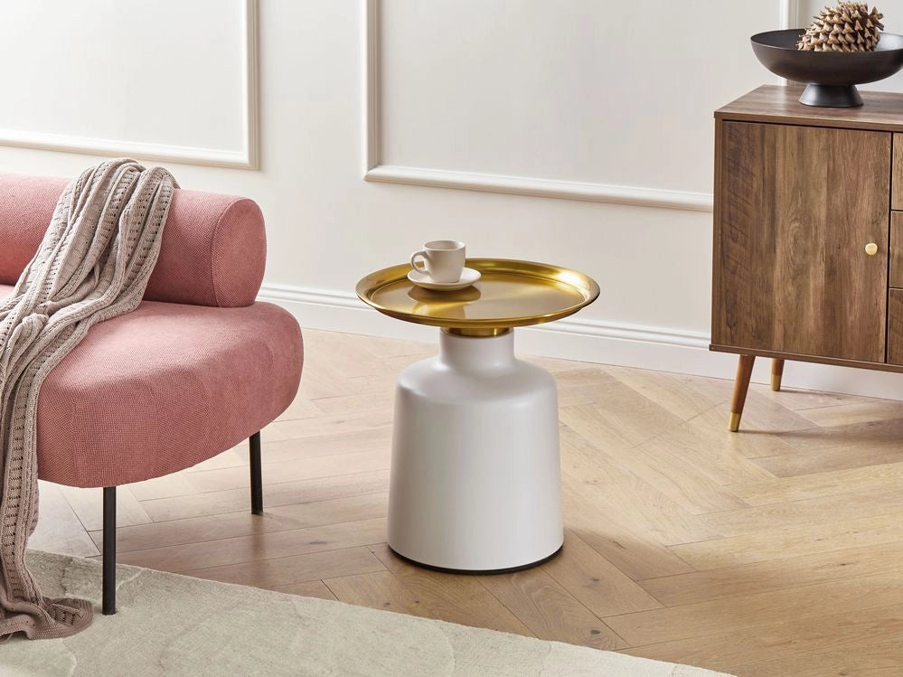 Tavolino rotondo in metallo bianco e oro stile glamour soggiorno salotto elegante