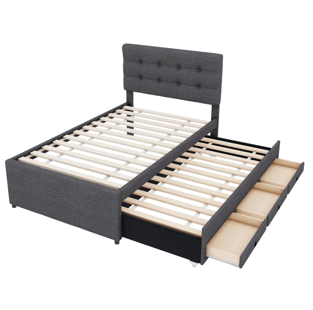 Letto imbottito 90x200 cm con letto estraibile; cassetti; legno; grigio (Senza materasso)