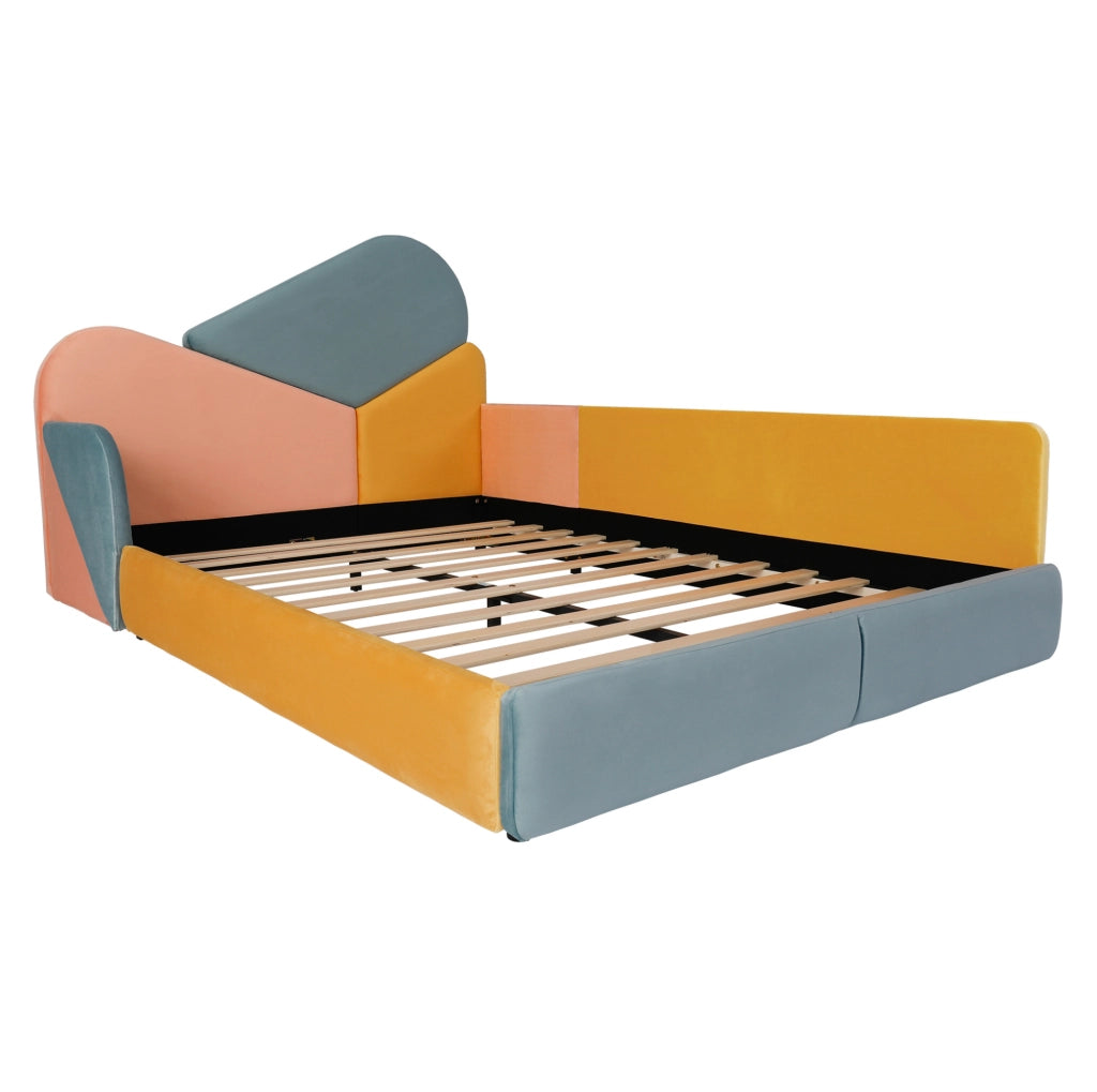 Letto imbottito per bambini 140x200 cm con sponde rialzate; velluto blu multicolore