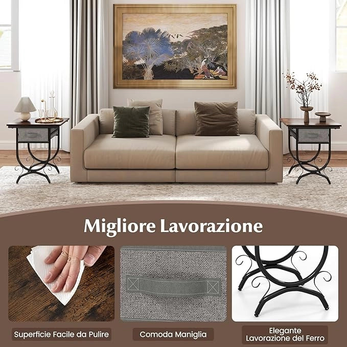 Tavolino con Cassetto in Tessuto, Comodino Industriale a 2 Ripiani con Piano in Legno e Struttura Metallica, Tavolino da Caffè per Camera da Letto e Soggiorno