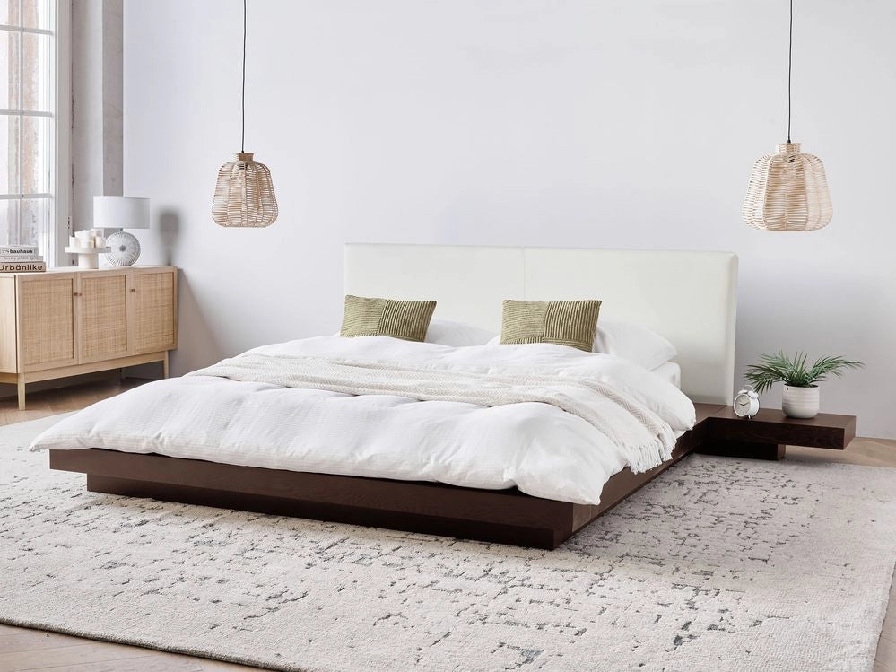 Letto ad acqua in stile giapponese in frassino scuro 160 x 200 cm testata in MDF impiallacciata in legno testata in ecopelle