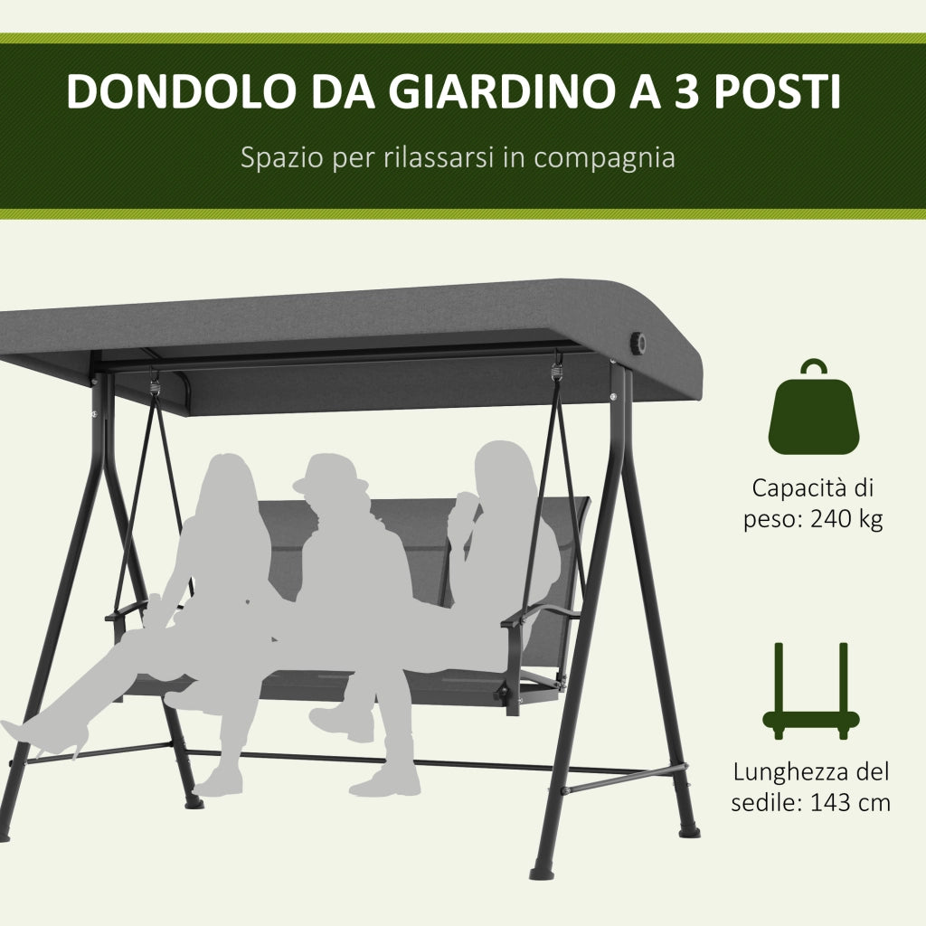 Dondolo da Giardino 3 Posti con Tettuccio Parasole Regolabile, 200x133x176 cm, Grigio Scuro