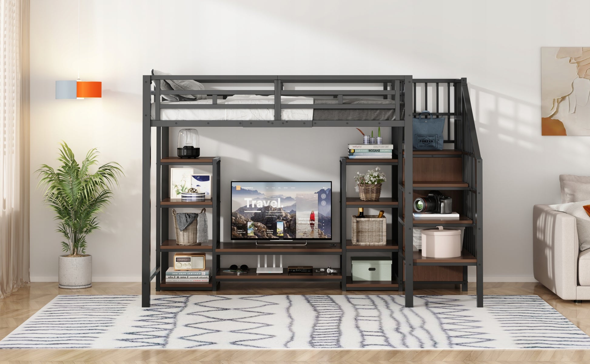 Letto a castello 90x200 - Xylo - Nero con TV, presa e scala