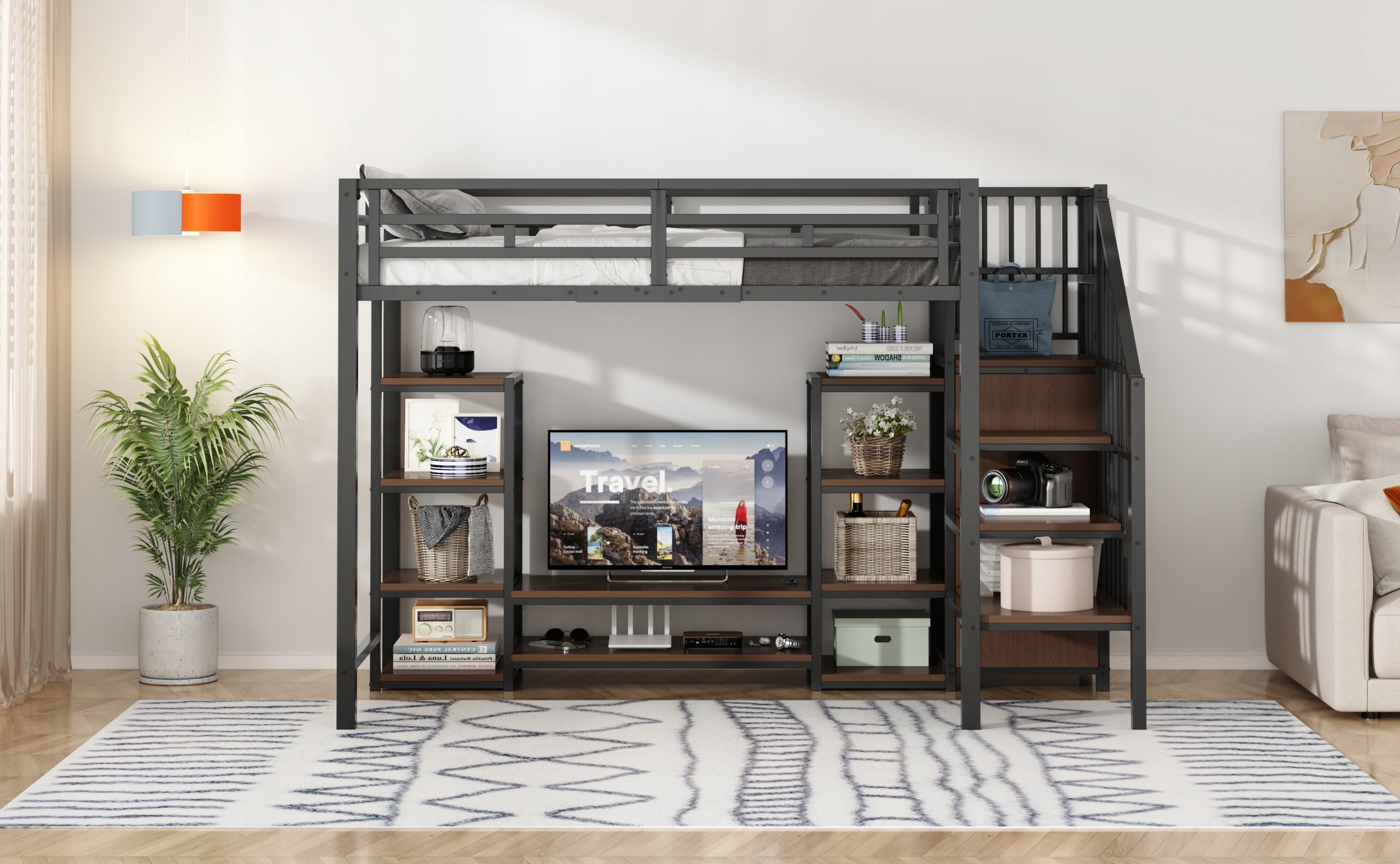 Letto a castello 90x200 - Xylo - Nero con TV, presa e scala