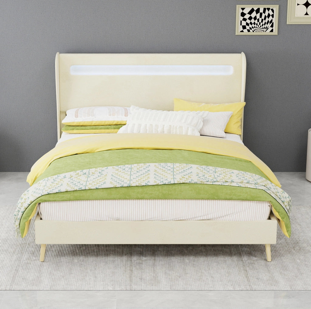 Letto imbottito con testiera regolabile e LED multicolore; 140 x 200 cm; beige