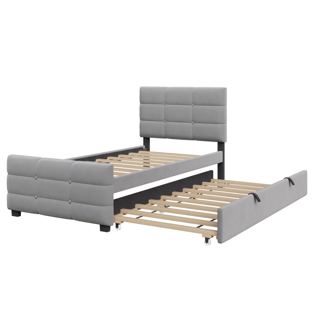 Letto imbottito singolo 90x190 cm con letto estraibile; in velluto grigio