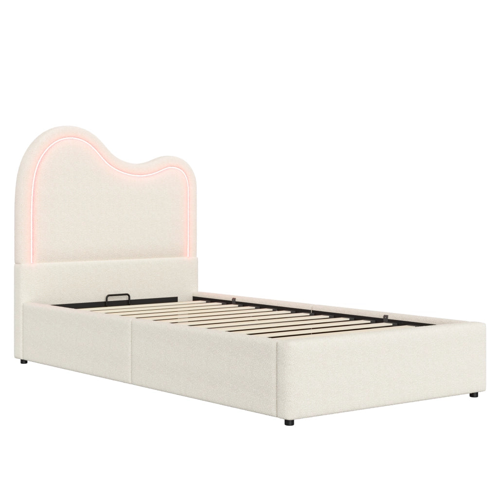 Letto imbottito 90x200 cm con contenitore e LED in bouclé bianco