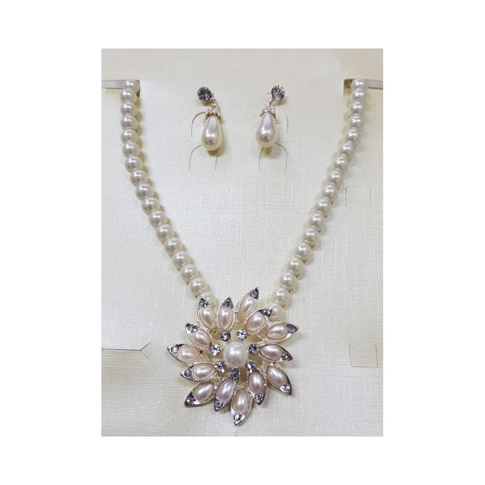 Trade Shop - Parure Collana Perle Con Ciondolo Fiore Orecchini Strass Brillantini Bigiotteria -