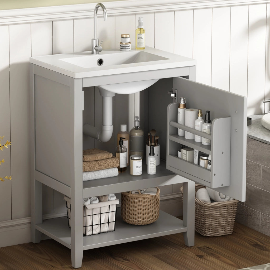 Mobile sottolavabo con lavabo in ceramica, ripiani interni e piedini antiscivolo, per bagno, in MDF, grigio