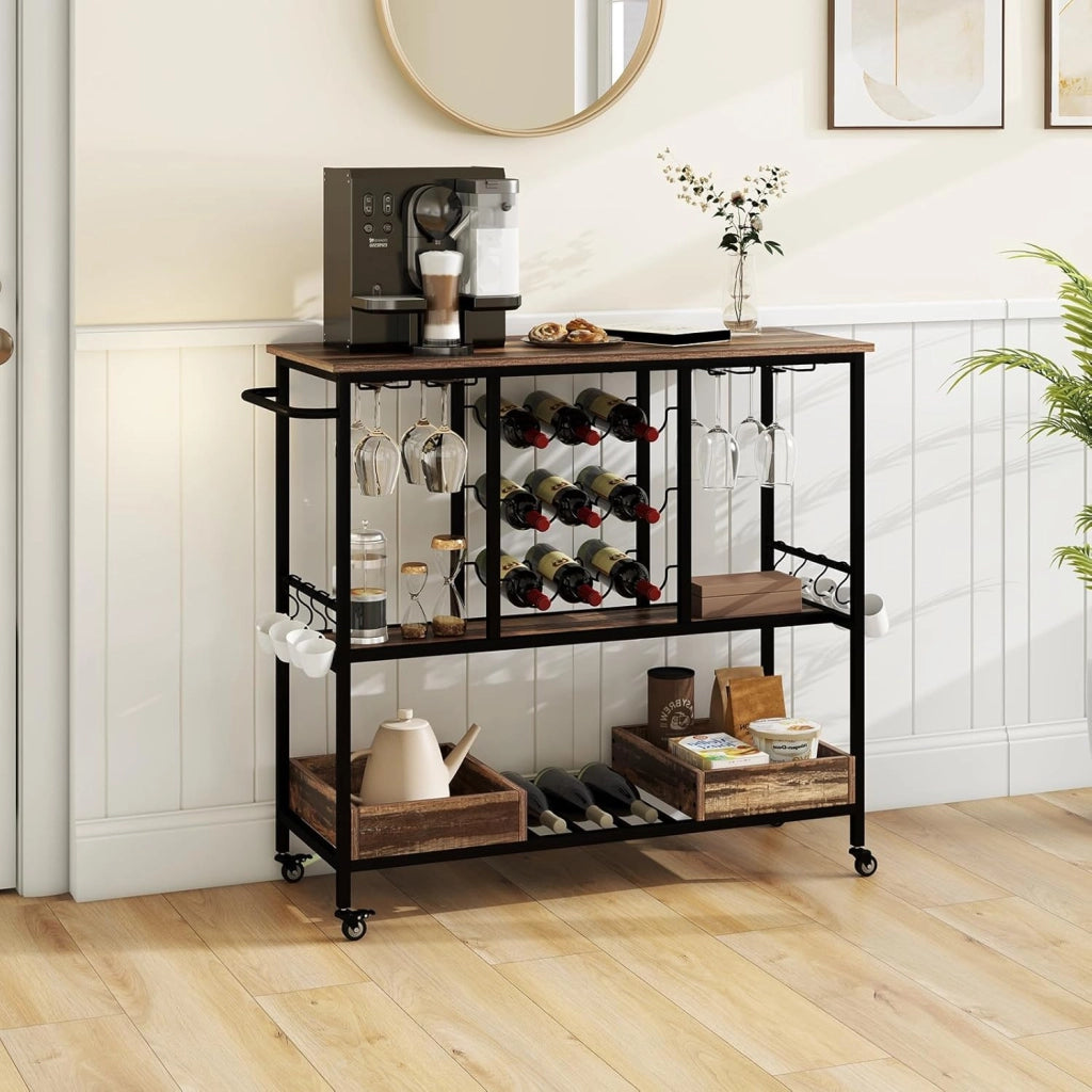 Carrello di Servizio Industriale a 3 Livelli, Carrello da Cucina con Portabicchieri, Porta Bottiglie, 107,5x40x91,5 cm