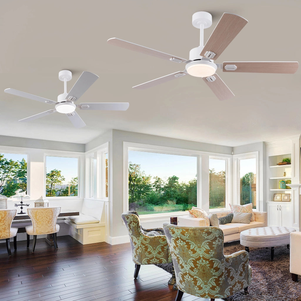 Ventilatore da soffitto con luce LED dimmerabile e telecomando, bianco e rovere chiaro