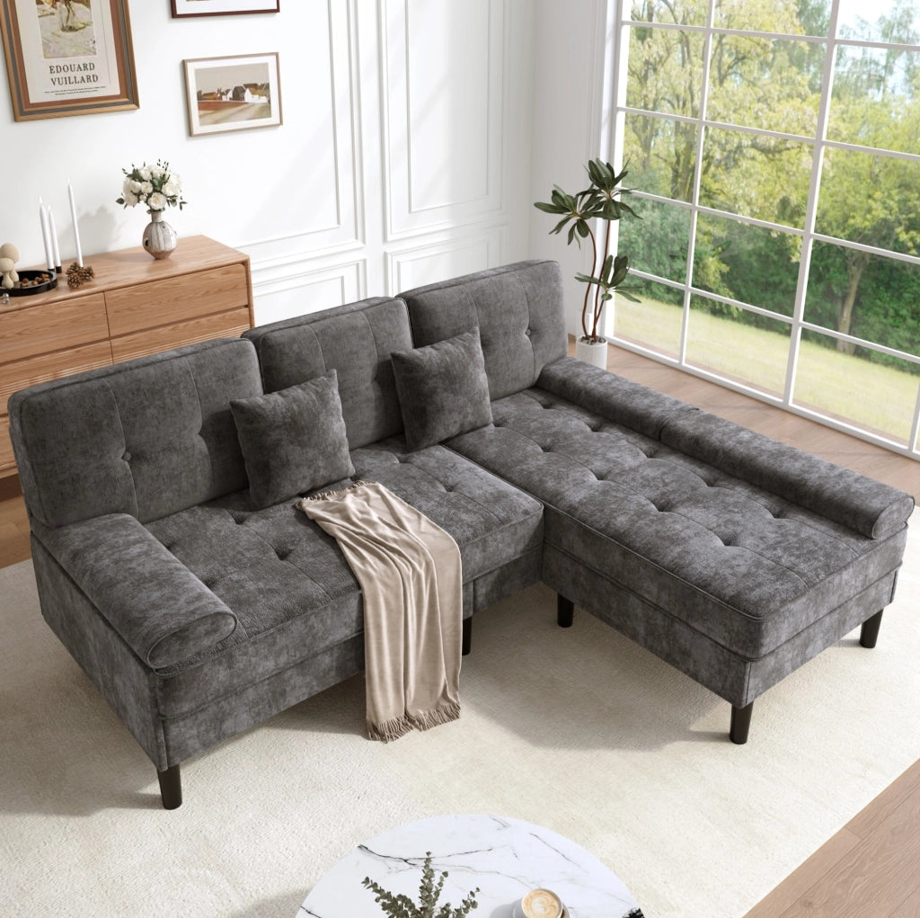 Divano angolare modulare a L in chenille con funzione letto e pouf mobile, 195 cm, ideale per appartamenti