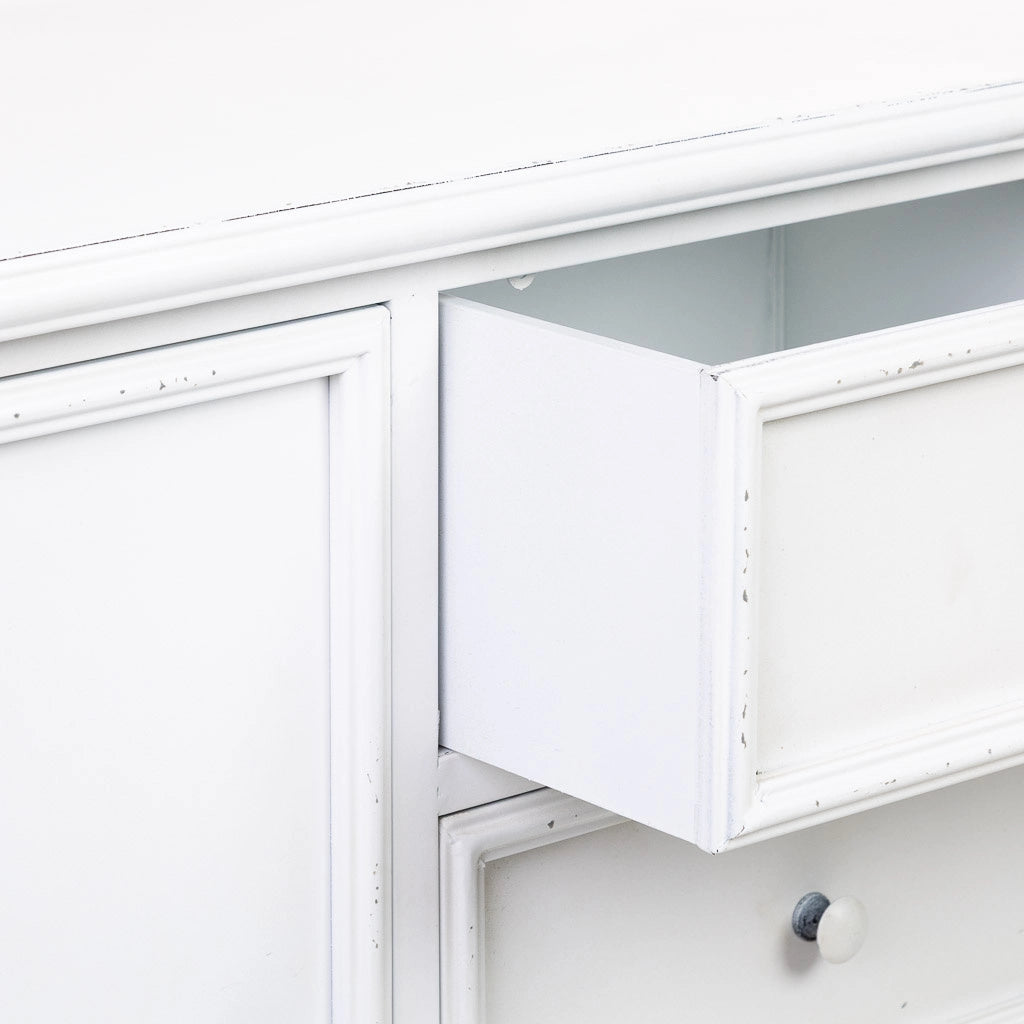 Credenza in metallo bianco con 2 ante e 3 cassetti 120x41x80h cm