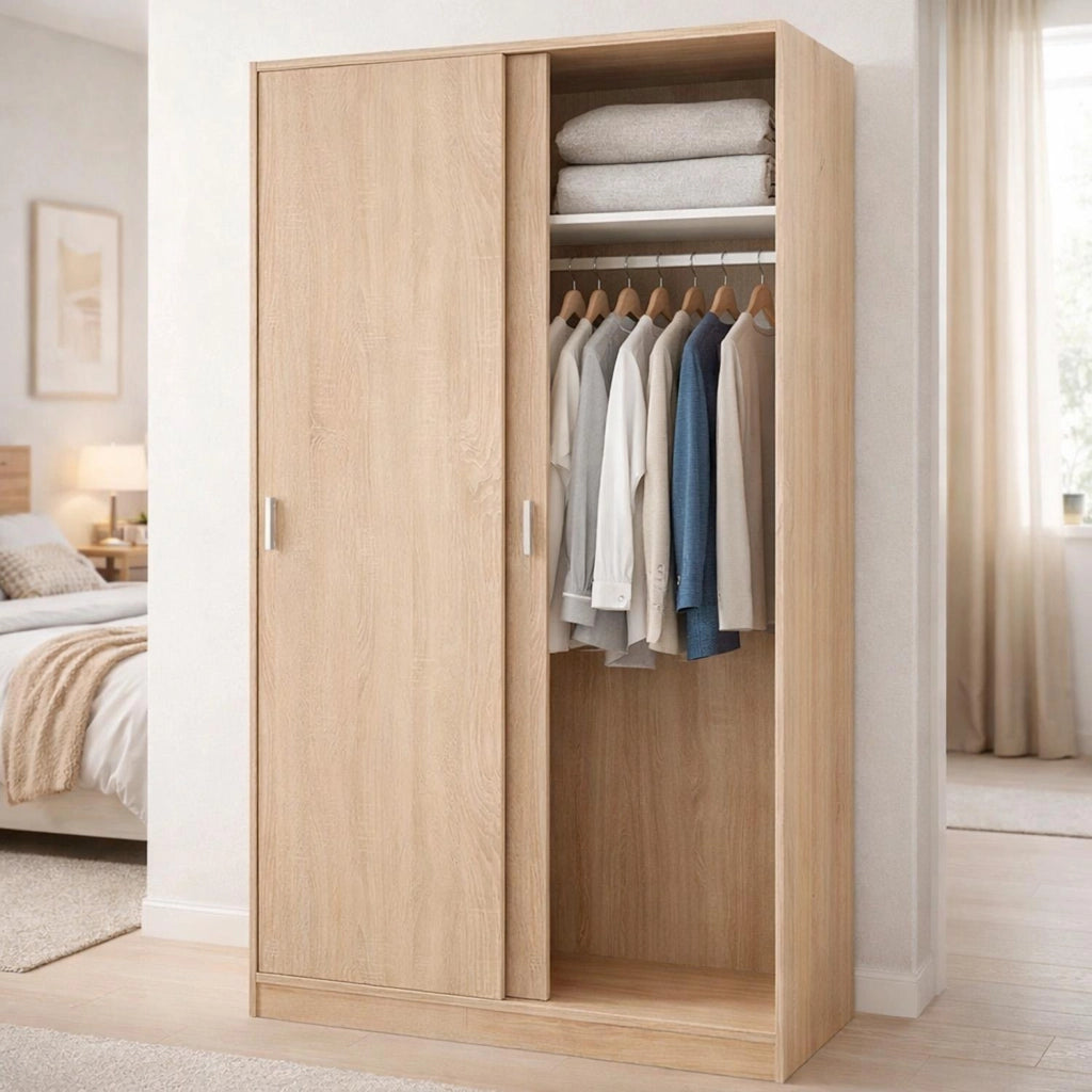 Armadio Guardaroba Vestiti 2 Ante Scorrevoli 1 Ripiano Con Barra Appendiabiti Salvaspazio Ideale Per Arredare Camera Da Letto Stanza Matrimoniale Cameretta 200 x 100 x 50 Cm Rovere Canadese