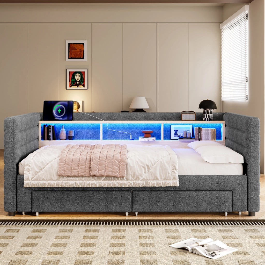 Letto estraibile in velluto con LED e vani contenitore