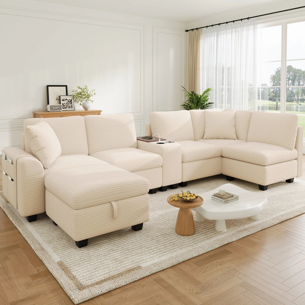 DIVANO Angolare Modulare 6 Posti 311 x 139 x 85 cm Corduroy Beige con ottomana