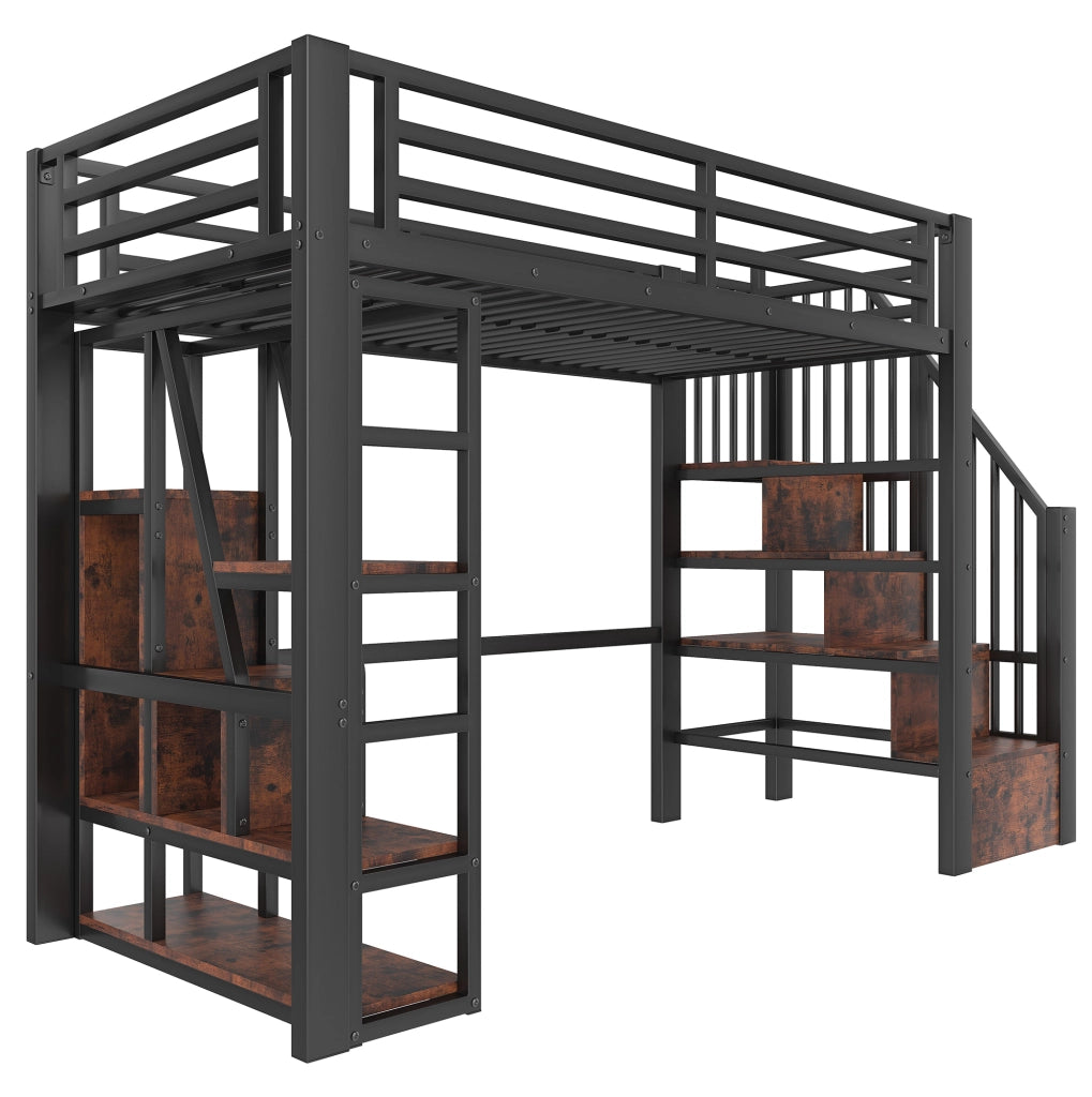 Letto a soppalco ULEVR 90x200 cm con LED multicolore, scaffali e scala contenitore, metallo e MDF nero