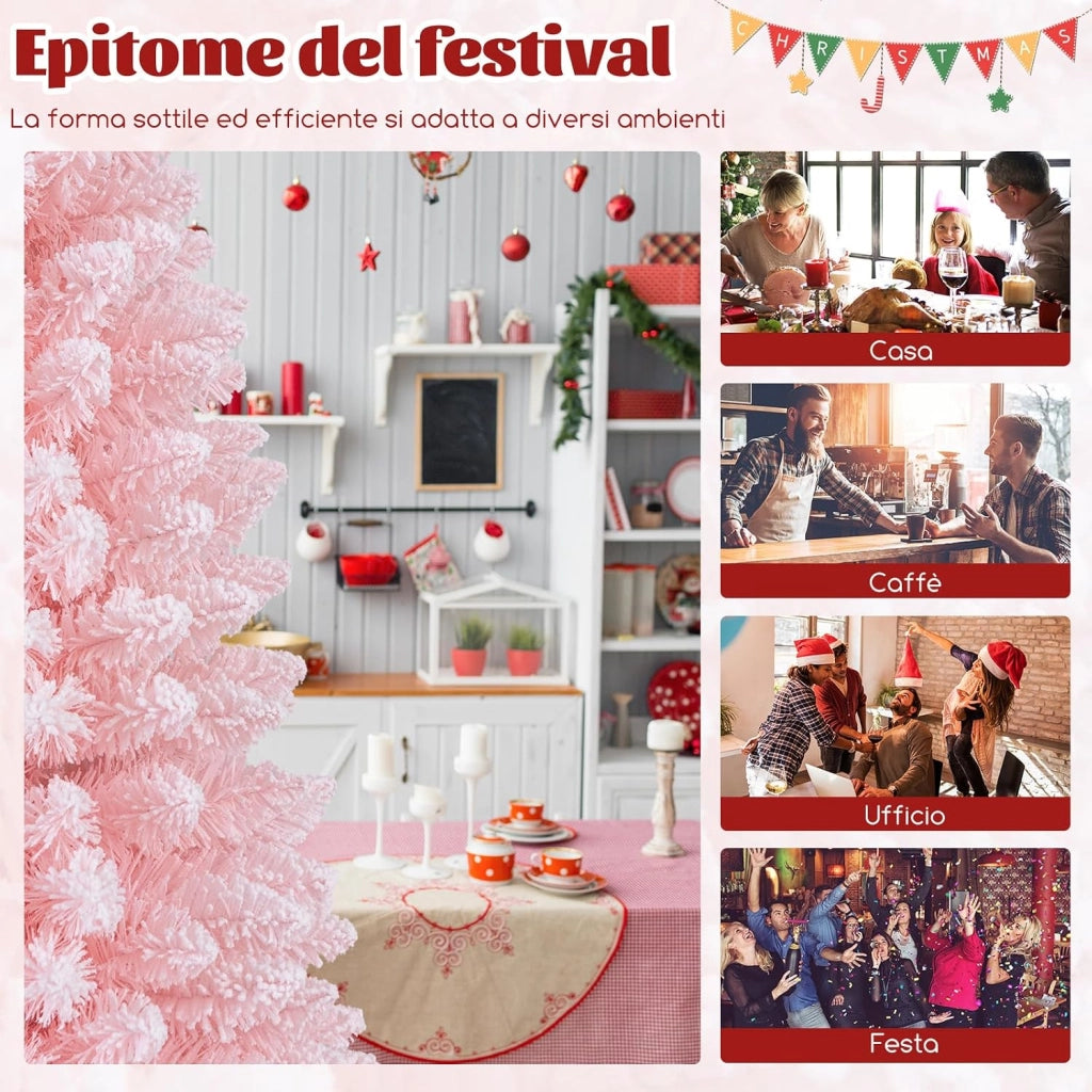 Albero di Natale Slim Rosa 150/180 cm, Albero di Natale Innevato con 328/460 Rami e Supporto Metallico Pieghevole, Albero per Decorazione per Feste in Casa e Ufficio (180 CM)