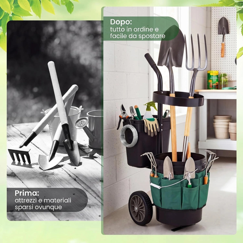 Carrello da Giardino a 2 Ruote, Carrellino da Esterno per Attrezzi da Giardinaggio con Borsa in in Tessuto Oxford, 20 L Secchio Rotondo e 10 L Contenitore Rettangolare Rimovibili